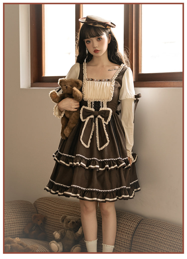 Misty Brown Different Material Mix Retro Doll Dress