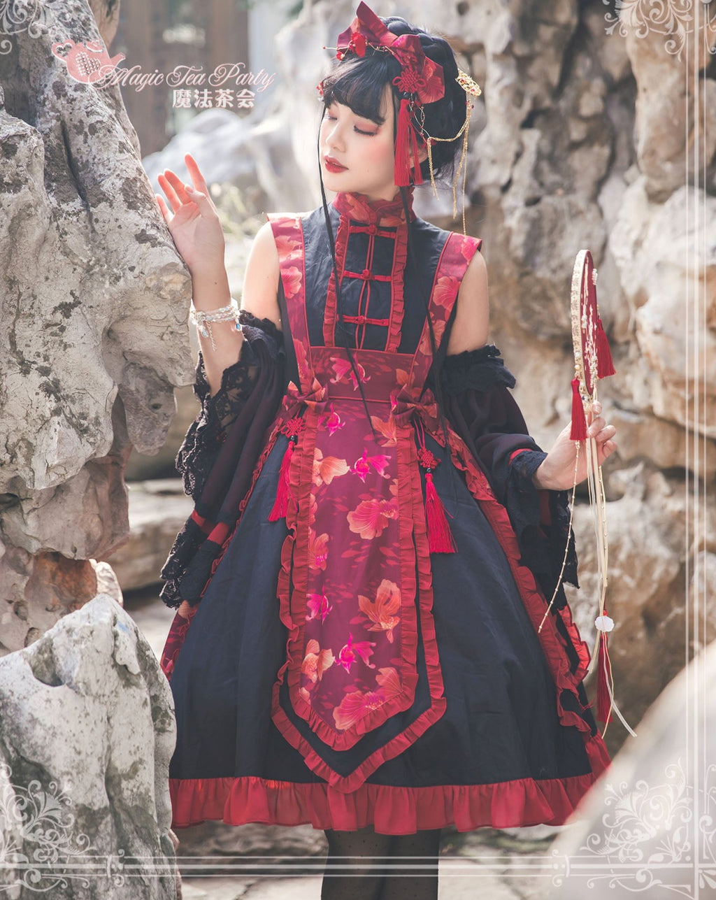 Yumemiru Goldfish Flower Lolita Dress with Arm Sleeves and Hair Accessories