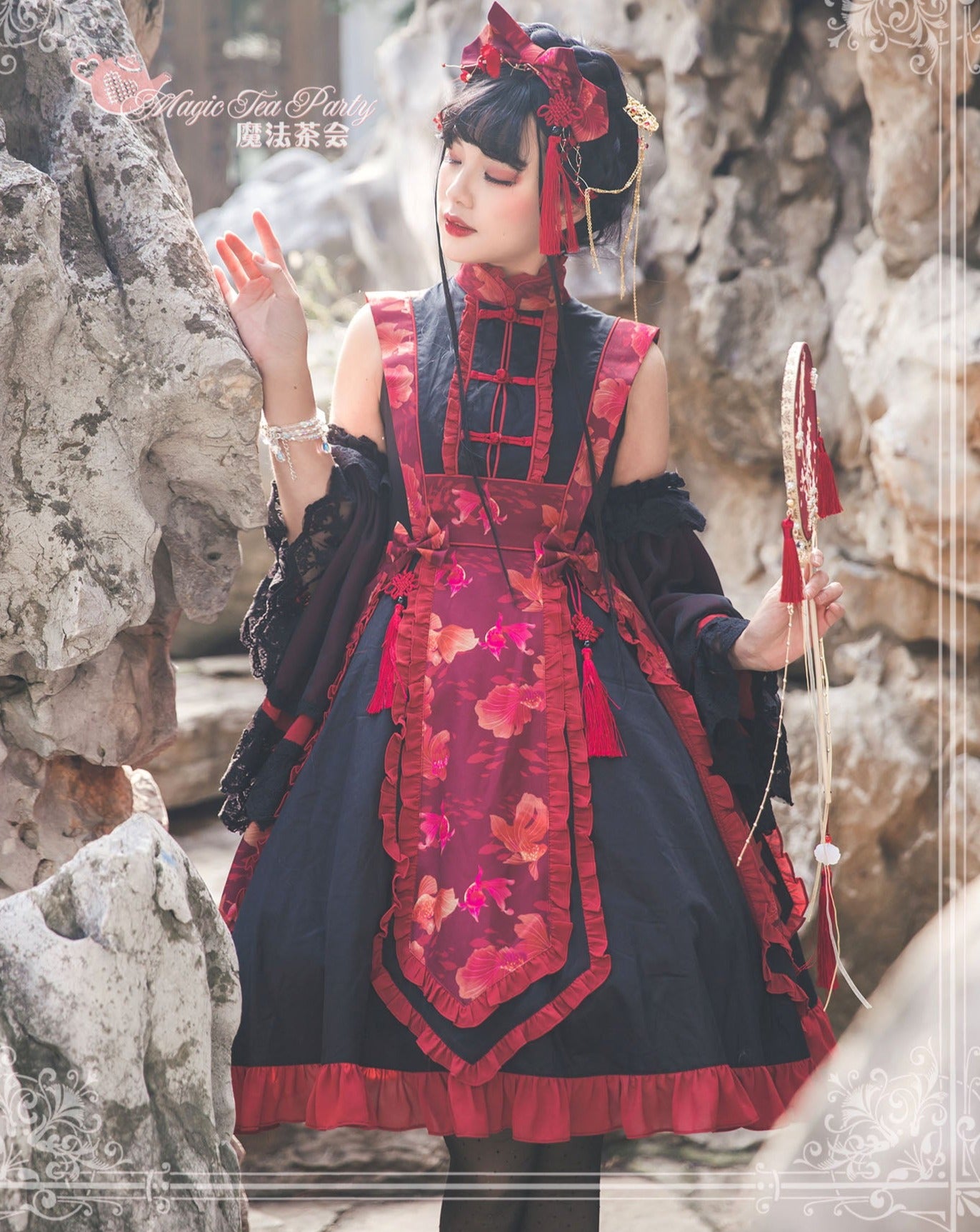 Yumemiru Goldfish Flower Lolita Dress with Arm Sleeves and Hair Accessories
