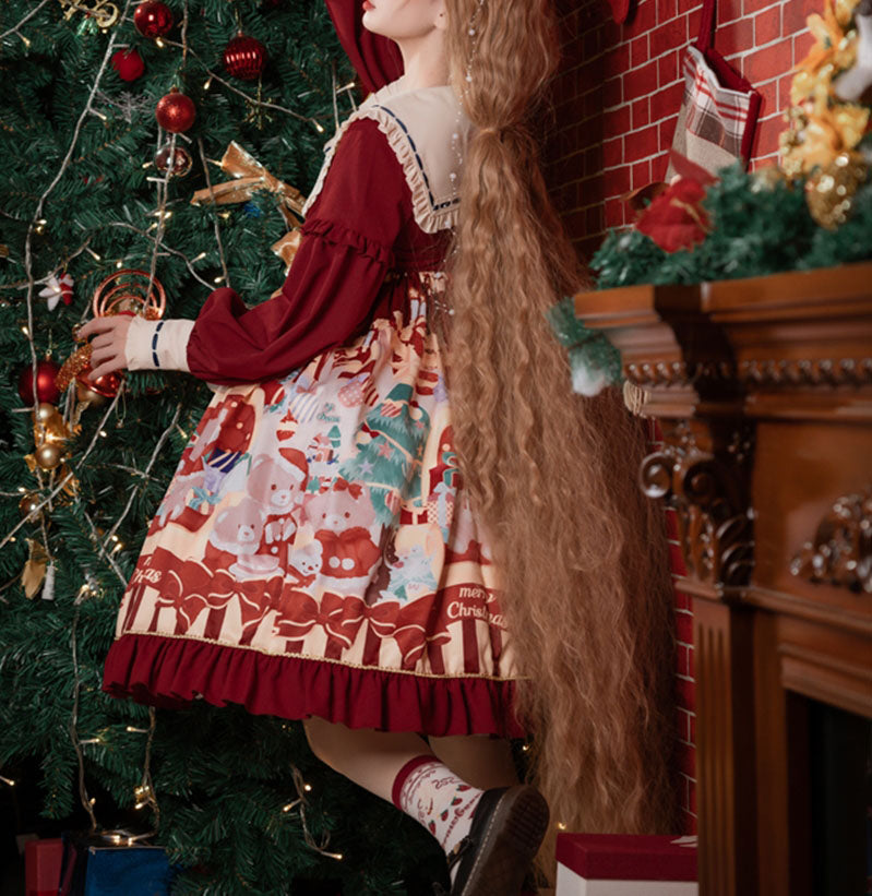 サンタベアープリント クリスマスカラーのロリータドレス