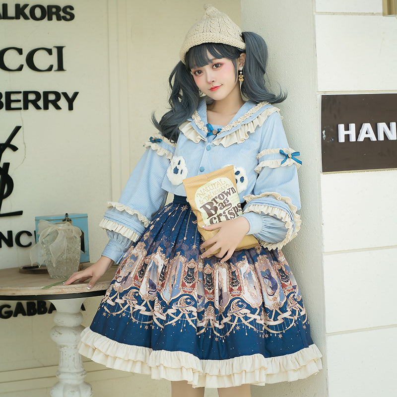 [Pre-order] Palace print blue skirt set