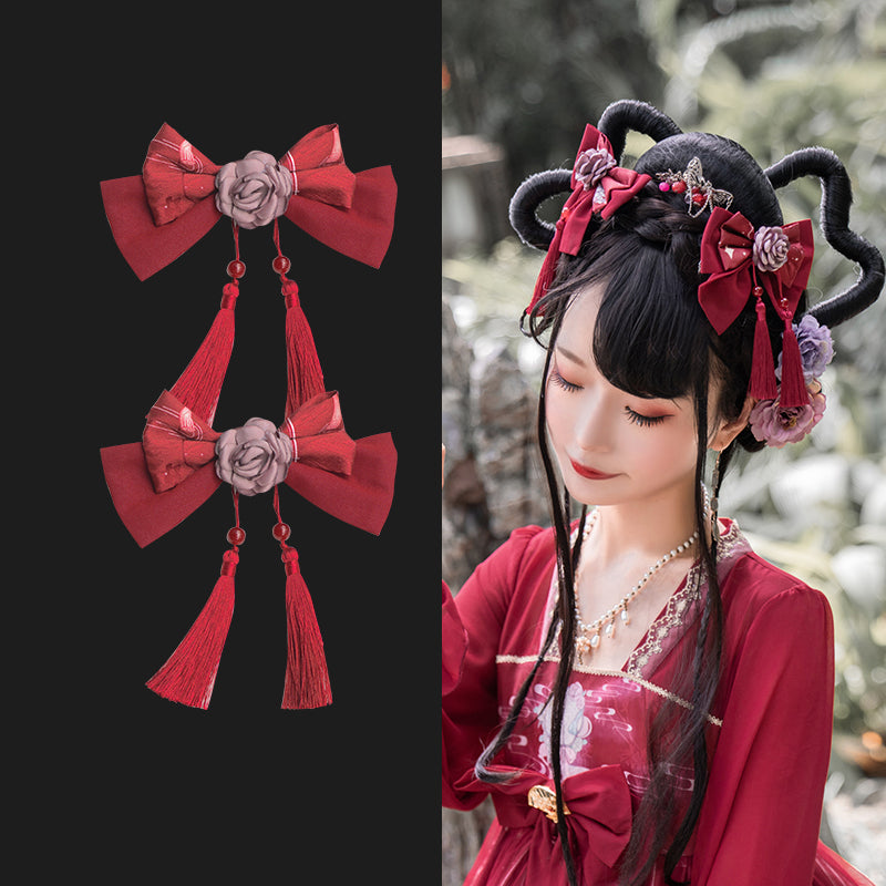 Chinese headdress with shimmering camellia ribbon and tassel