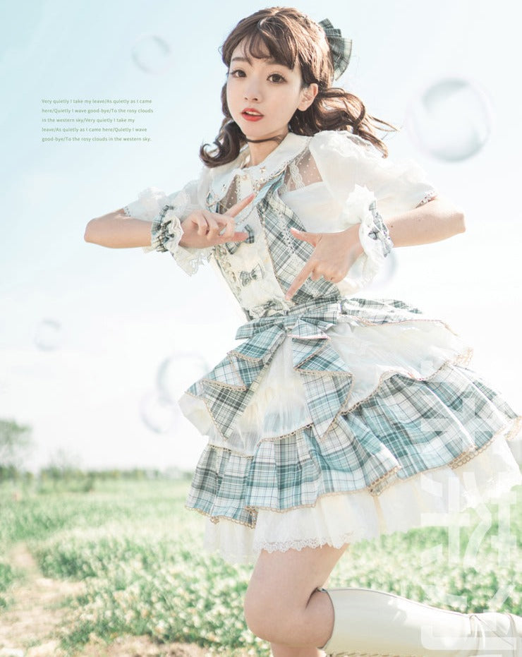 アイドル風フリルとチェックの2wayエプロンスカート
