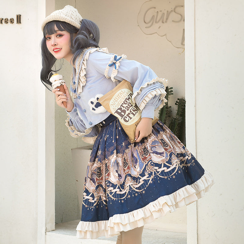 [Pre-order] Palace print blue skirt set