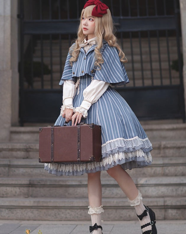 Eternal Emblem striped suspender skirt and cloak