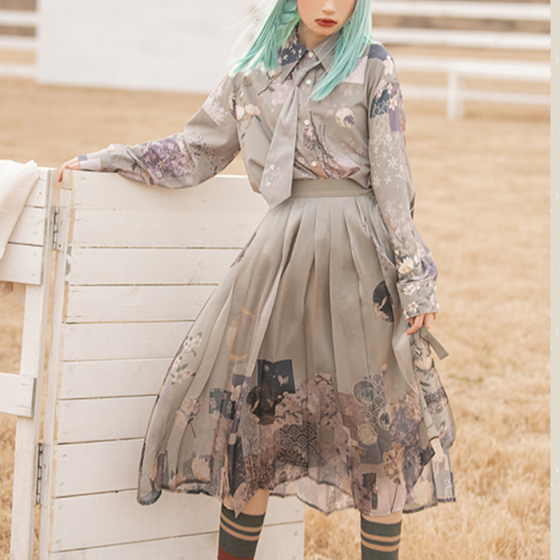 月下の花和風プリントプリーツスカート　和ロリ