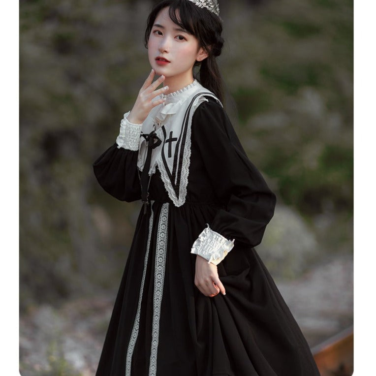 【予約販売】クラシック Aラインスカート 尼僧風ワンピース 付け襟付き