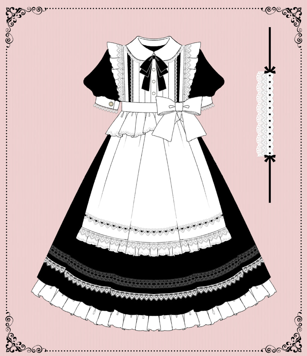メイド風エプロン付きクラシカル ロリィタ 半袖ワンピース