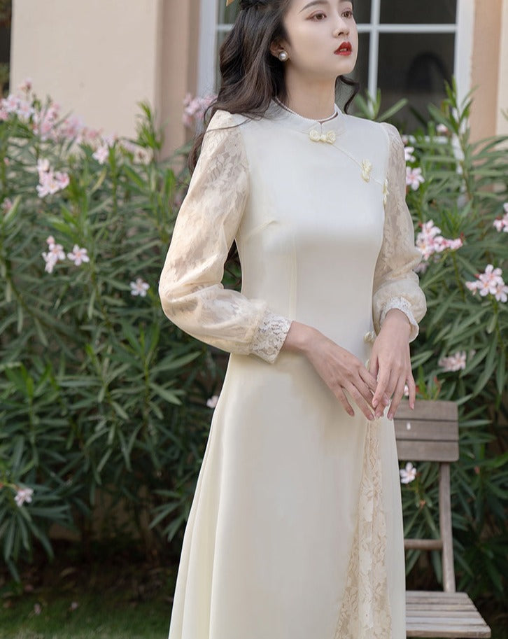 Retro cheongsam-style milk-colored lace dress