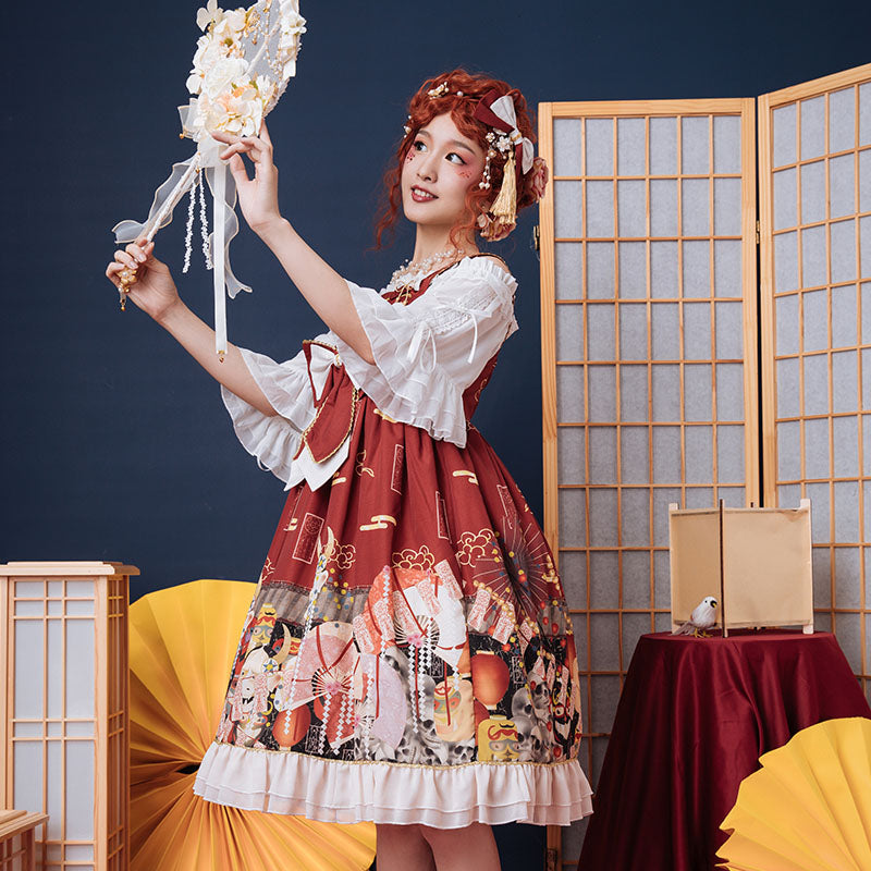 浮世絵風ワインレッドドレス - ロリータファッション通販RonRon