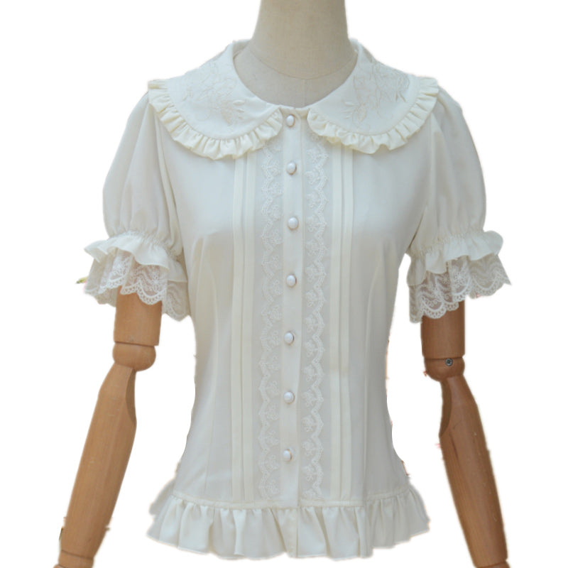 Embroidered Collar Lolita Short Sleeve Blouse with Ruffles and Lace