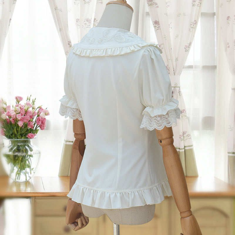 Embroidered Collar Lolita Short Sleeve Blouse with Ruffles and Lace