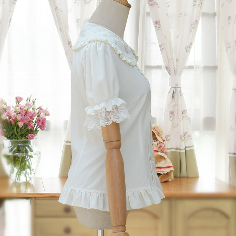 Embroidered Collar Lolita Short Sleeve Blouse with Ruffles and Lace