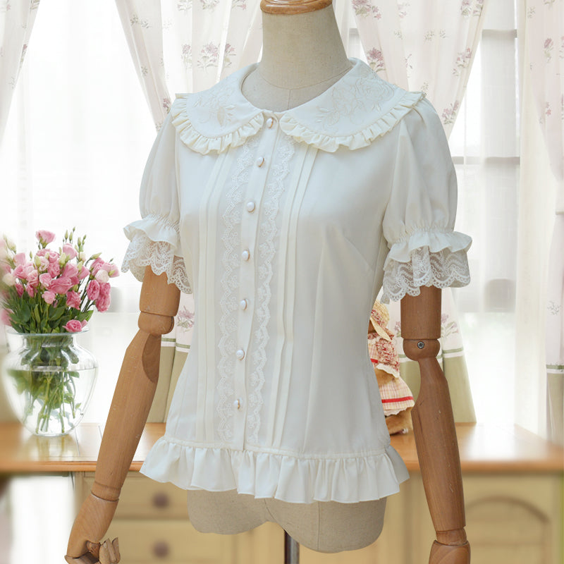 Embroidered Collar Lolita Short Sleeve Blouse with Ruffles and Lace