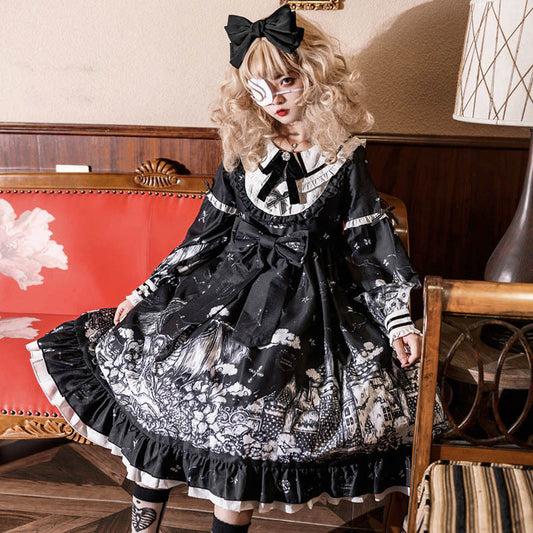 Alice's Black Ribbon Monotone Dress Gothic Lolita Fighting Jabberwocky