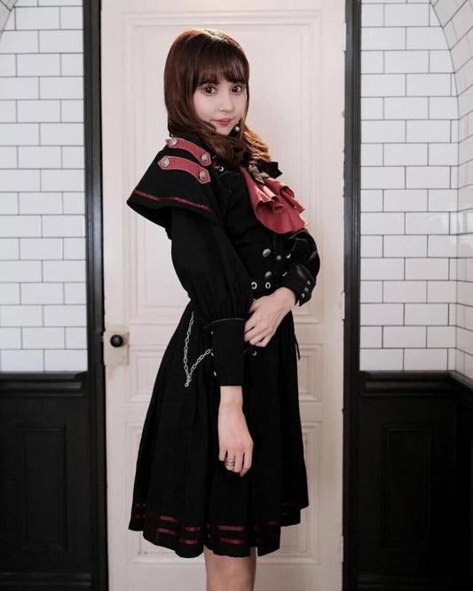 [Pre-order] Military Lolita Black x Red Frilled Tie Skirt Setup
