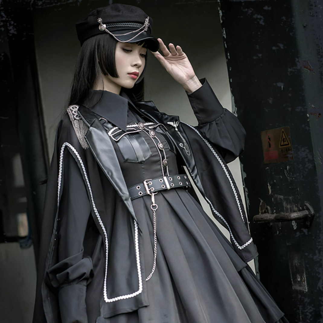 Jet-black military lolita style cape and cap