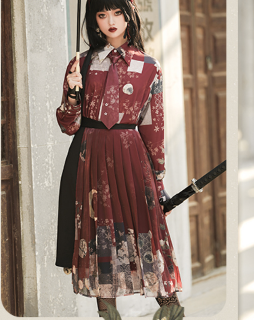 月下の花和風プリントプリーツスカート　和ロリ